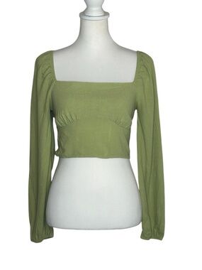 La Hearts Olive Green Square Neck Long Sleeve Linen Blend Crop Top Sz M Boho